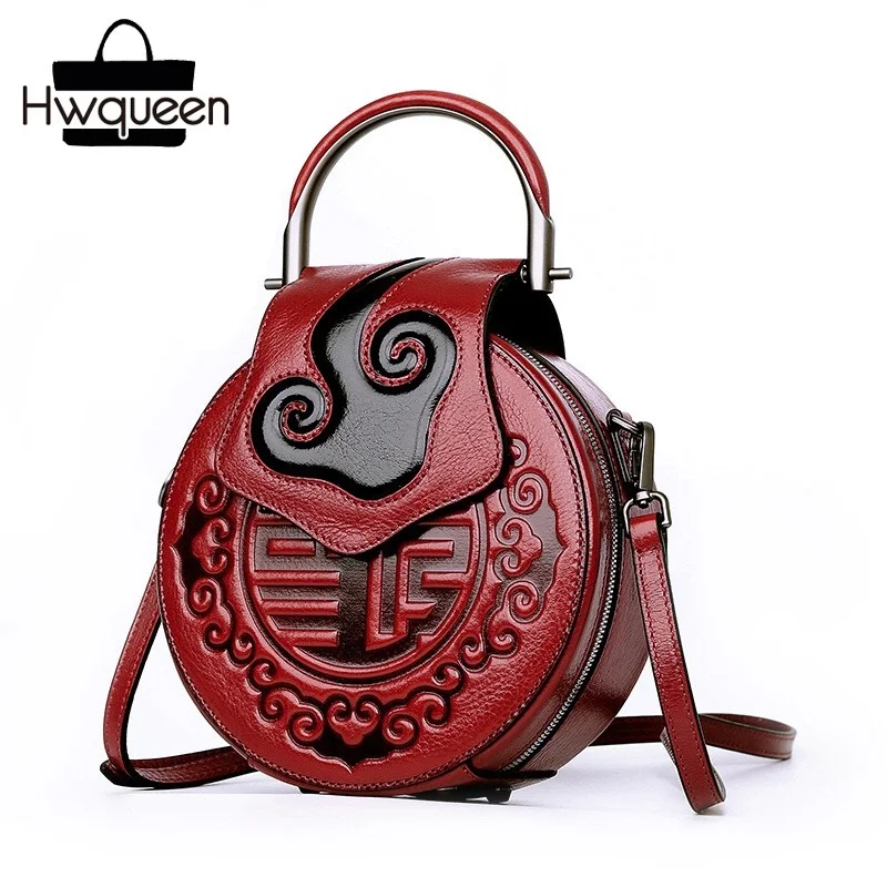 

China Vintage Embossed Auspicious Clouds Designer Genuine Cow Leather Women Red Round Bag Purse Metal Handle Ladies Mini Handbag