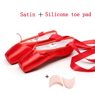 Pointe/атласный верх с лентой; женские розовые профессиональные балетки; обувь для танцев с носком - Цвет: Satin Red Silcone