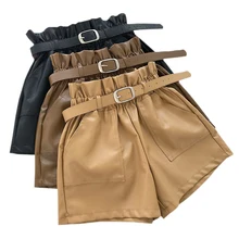 Осенние женские шорты из искусственной кожи, свободные шорты с высокой талией и широкими штанинами, зимние повседневные женские кожаные шорты с эластичным поясом