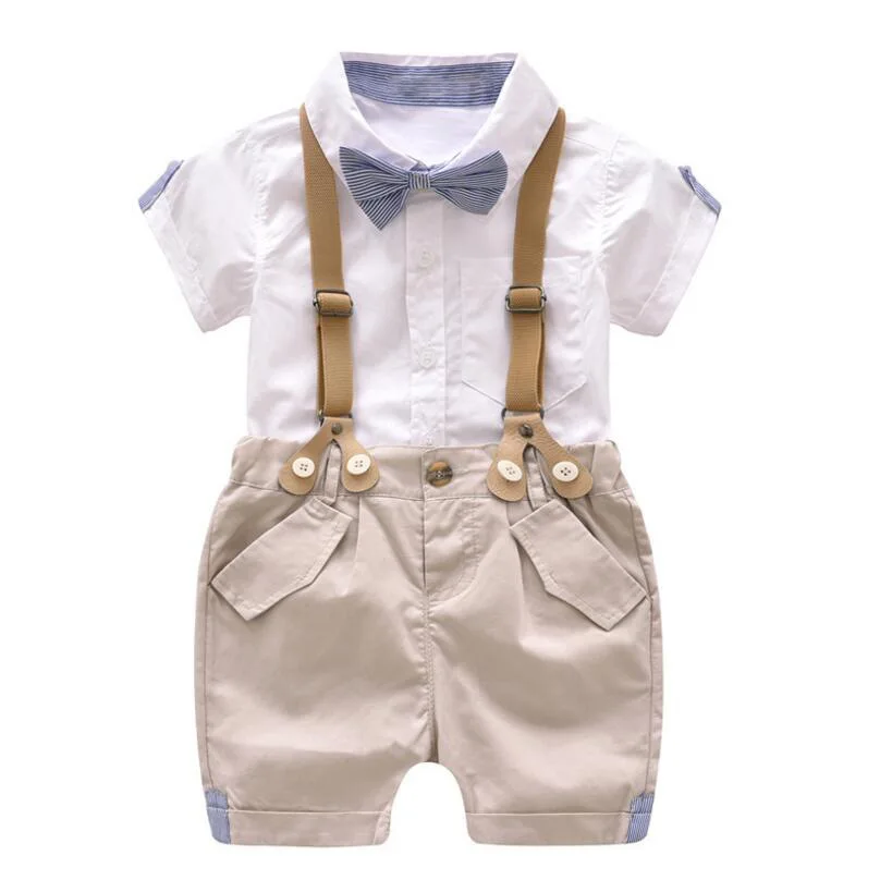 Комплект одежды для маленьких джентльменов, летний костюм для малышей, рубашка в полоску с галстуком-бабочкой+ белые шорты на подтяжках Одежда для новорожденных мальчиков - Цвет: R-05