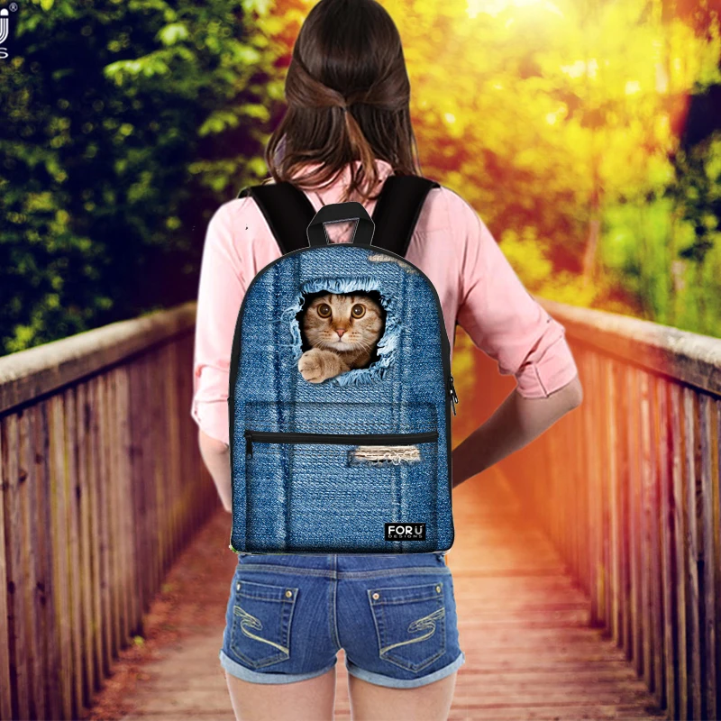 FORUDESIGNS/5 шт./компл. Denim Cat узор школьный Студент обратно в школу рюкзак для девочек-подростков детский сад Детские ранцы