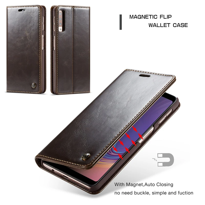  Luxury Glossy Leather Cover For Samsung A7 2018 A750 Wallet Card Flip Phone Case For Samsung Galaxy