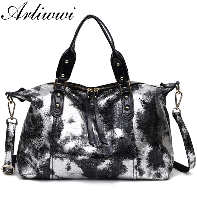 Arliwwi бренд класса люкс качественный Металлический, золотистый, серебристый натуральная кожа большая сумка для леди Топ Дизайнер панельные блестящие сумочки Мода