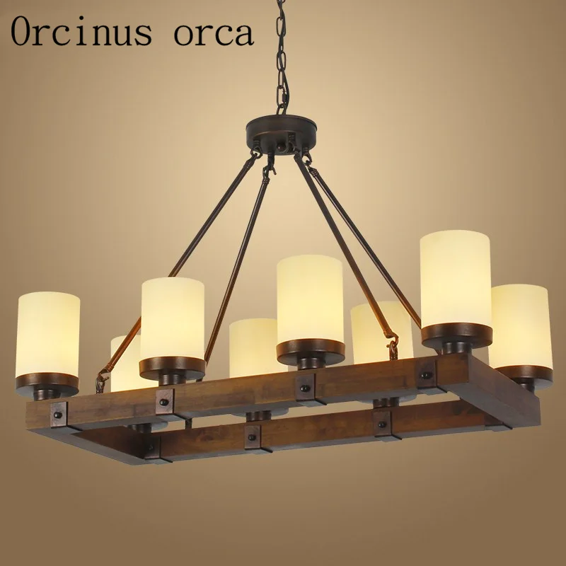 

American country creative Candlestick chandelier Restaurant Bar retro industrial wind antique wooden rectangular chandelier