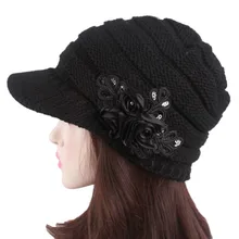 LEAYH 1 шт. зимняя однотонная шерстяная вязаная шапка s теплая вязаная крючком Лыжная Шапка шляпка с цветком шапки для женщин козырьки