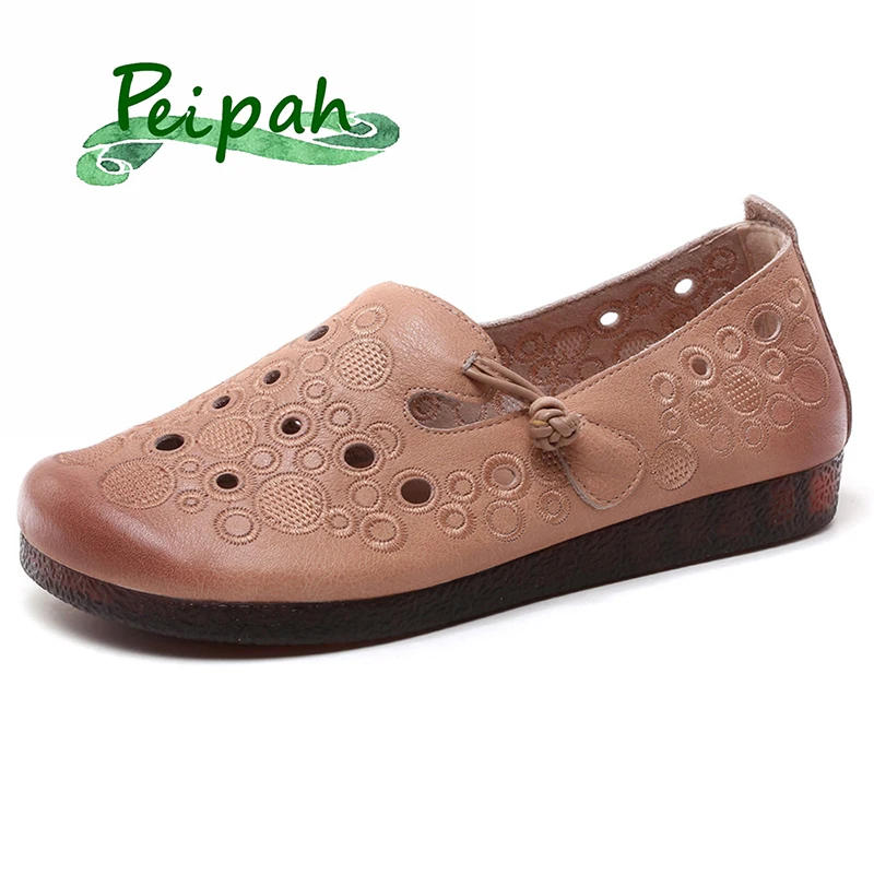 

PEIPAH Handmade Genuine Leather Women's Shoes 2019 New Literary Retro Comfort Versatile Zapatillas Mujer Wild Hollow Sandals