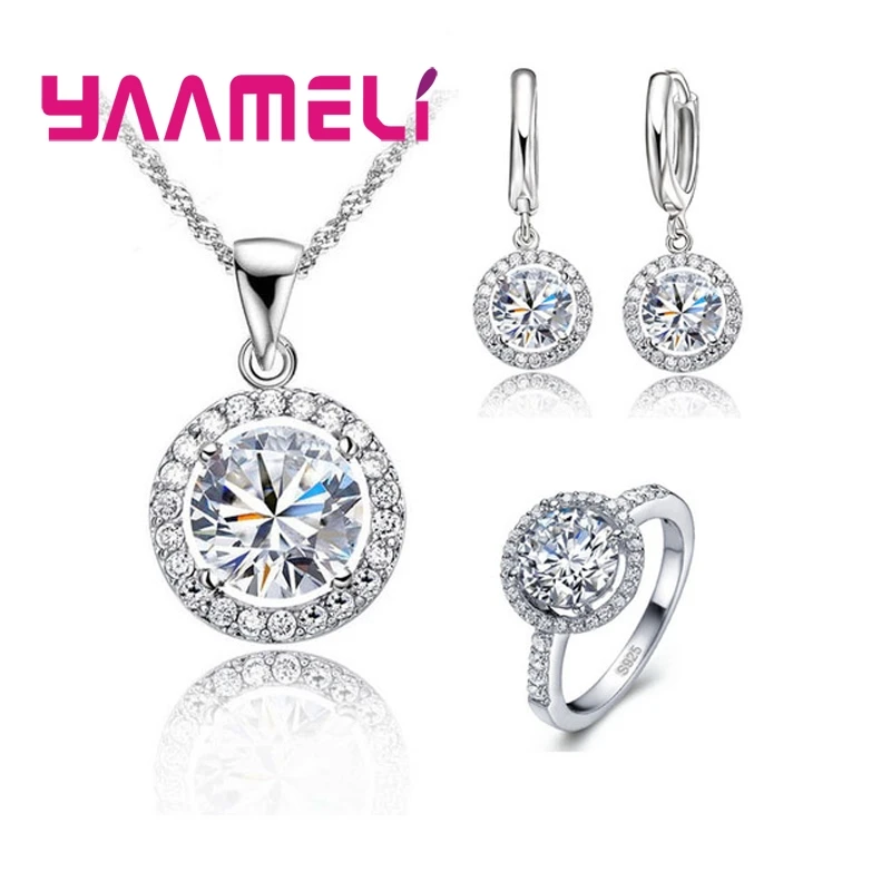 

925 Sterling Silver Zircon Jewellery Sets Women Austrian Crystal Wedding Pendant Necklace Earring Ring Jewelry Set Lady