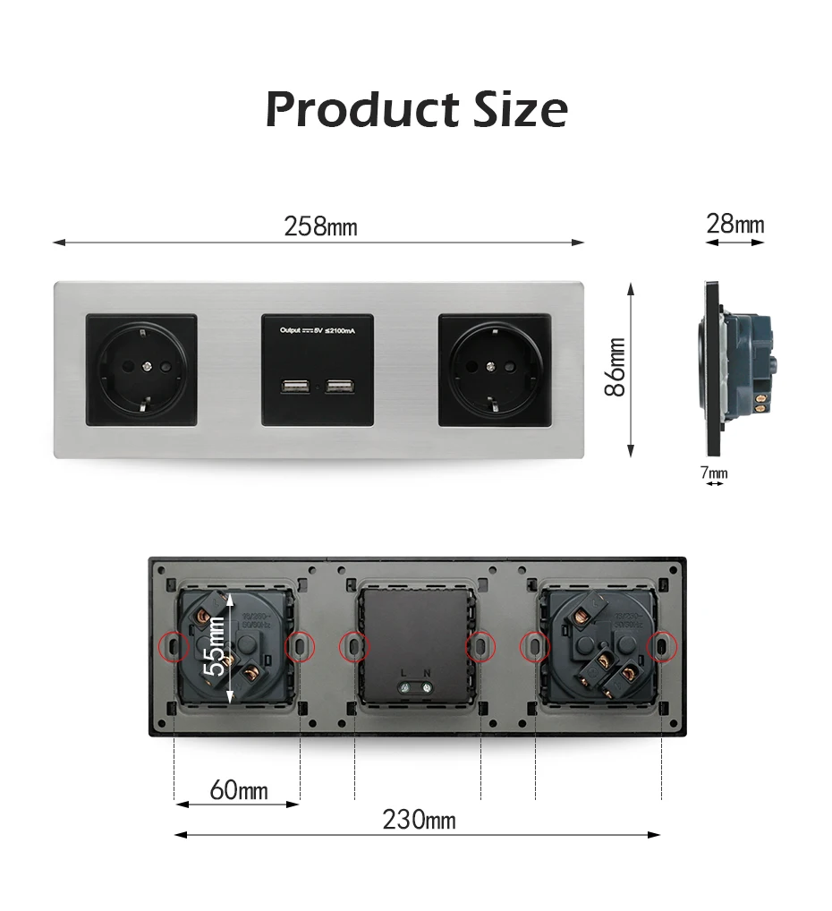 Esooli настенная панель из нержавеющей стали, двойная розетка 16А, европейская электрическая розетка, двойной USB, умный зарядный порт, 5 В, 2 А, выход, черный