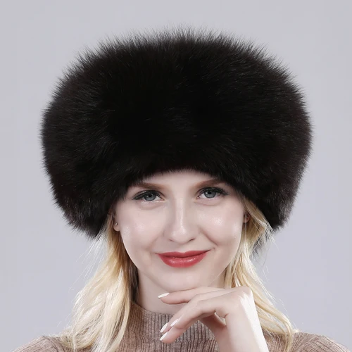 Russian Winter Natural Fox Fur Hat Warm Soft Fluffy Real Fox Fur Bomber Hats Luxurious Women Quality Handmade Real Fox Caps - Цвет: Coffee