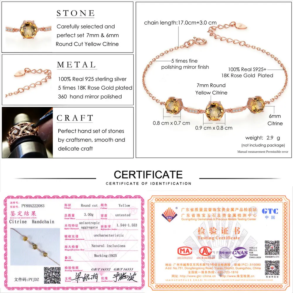 LAMOON Luxury Citrine 925 Sterling Silver Jewelry Rose Gold Plated Charm Bracelets for Women Trendy Fine Bangles Bijoux HI025