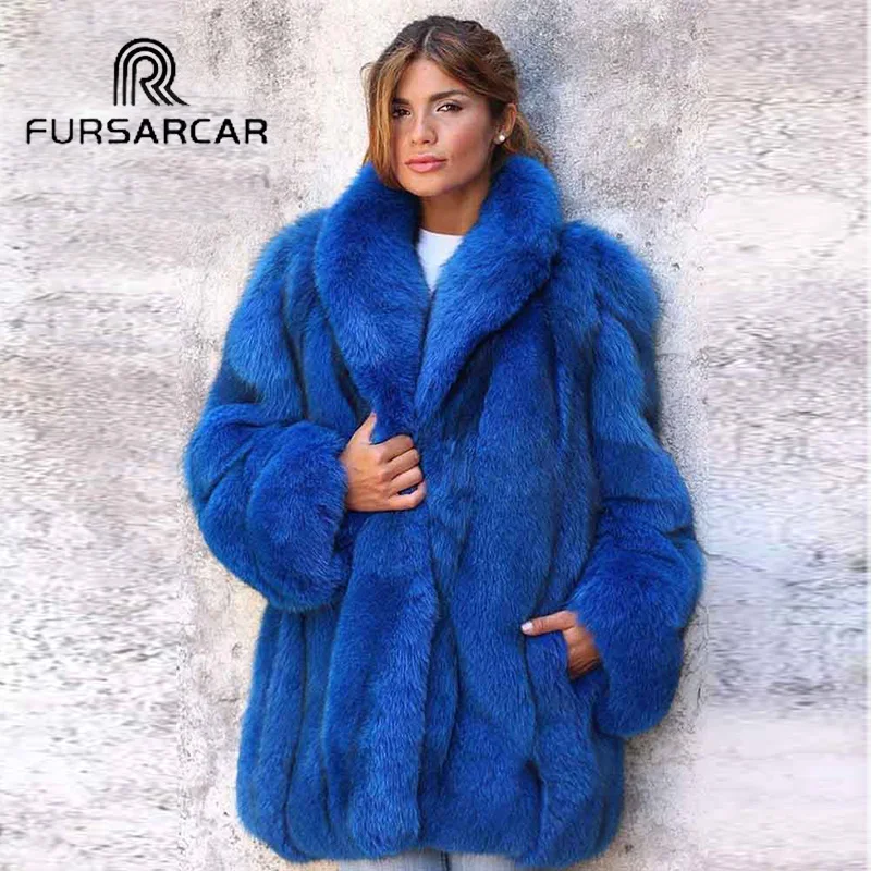 

FURSARCAR New Women's Real Fox Fur Coat With Turn-down Collar 70 CM Long Genuine Fox Fur Female Jacket Full Pelt Winter Fur Coat