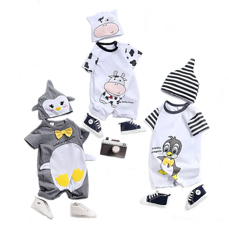 

Summer Cartoon Children's Clothes Penguin Duck Cow Short Sleeve Style Clothes with Hats Baby Romper Infant Wear Body Suit + Hat