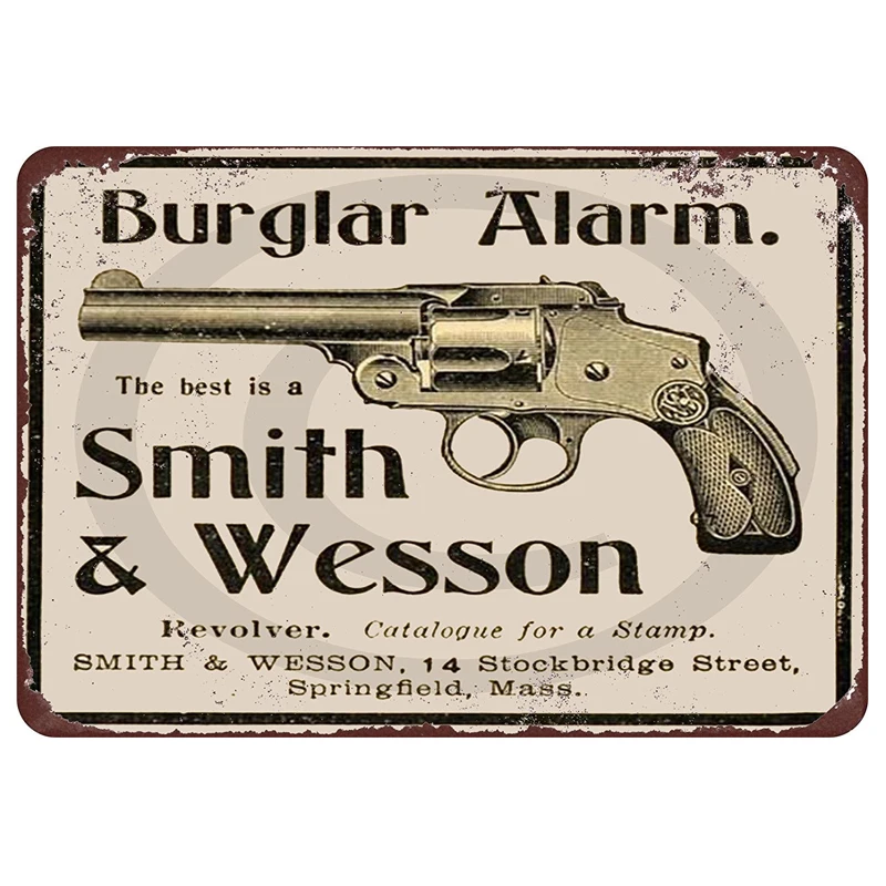 Burglar Alarm Metal Tin Sign Smith and Wesson Pistol Revolver Retro Vintage Gun 