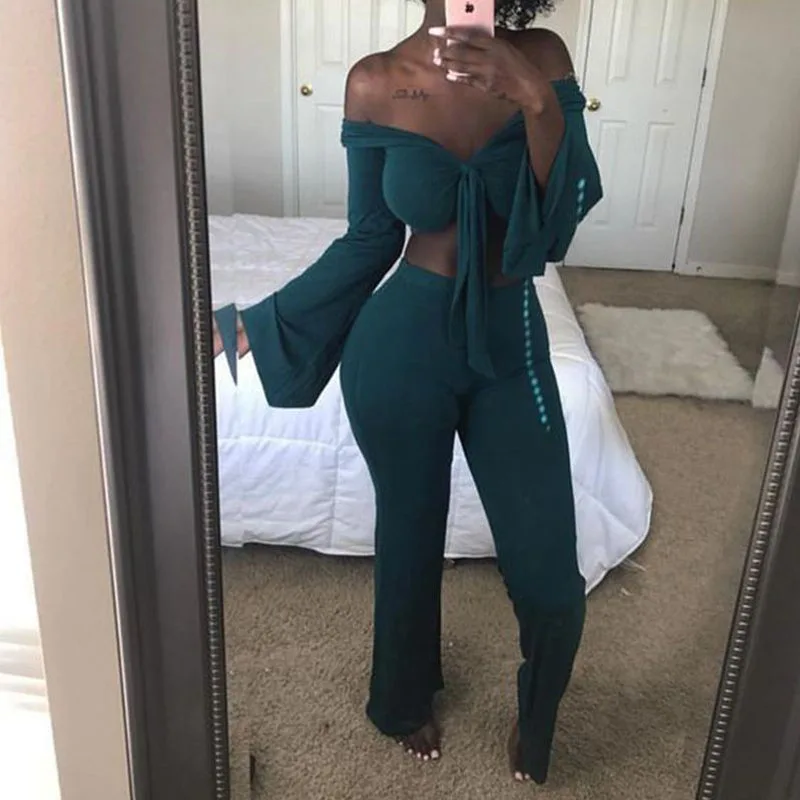 Sexy Deep V Cropped Tops Full Pants 2 Pieces Outfits Women Set Rompers Womens Jumpsuit (1)