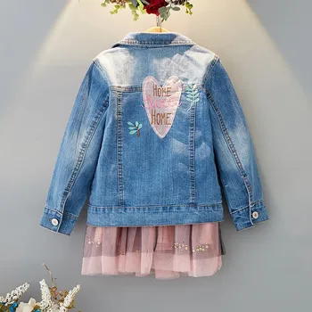 

Children Girls Denim Jacket Coat New High Quality Spring Kids Girl Long Sleeve Heart Embroidery Jeans Outwear Kids Cadigan Coat