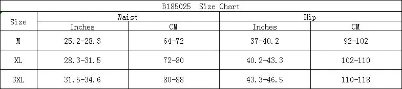 B185025 Size Chart