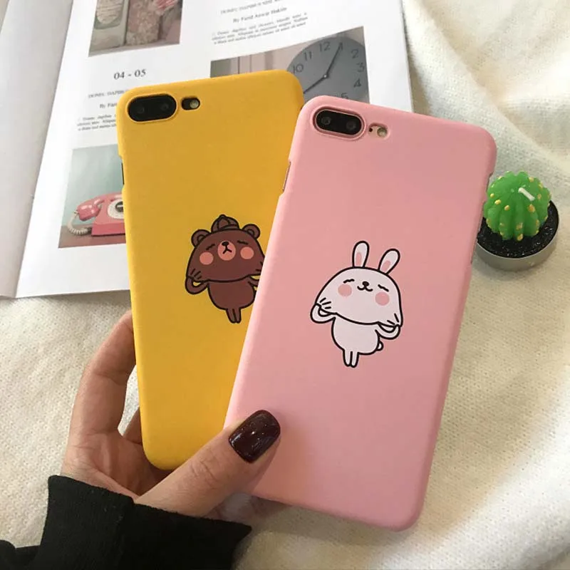 

Cartoon Cute Bunny Bear Couple Phone Case For iPhone X XR XS Max 6 6S 7 8 Plus Half Pack Hard Plastic Matte Back Cover Coque