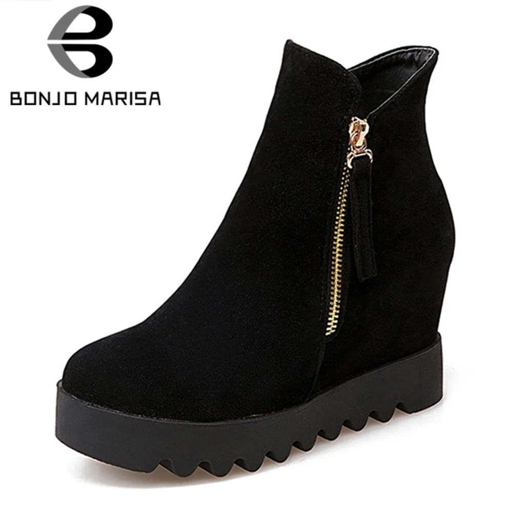 

BONJOMARISA 2019 Spring Autumn Ankle Boots Shoes Woman Large Size 34-43 Plaform High Height Increasing Black Women Shoes