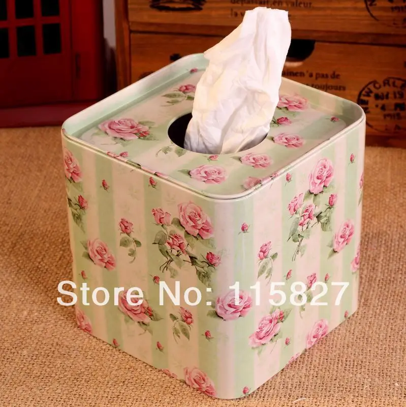 

Free Shipping!Flower design Tissue Box Metal square Facial Paper Case Napkin Holder 2014new Fashion Zakka Light color flower