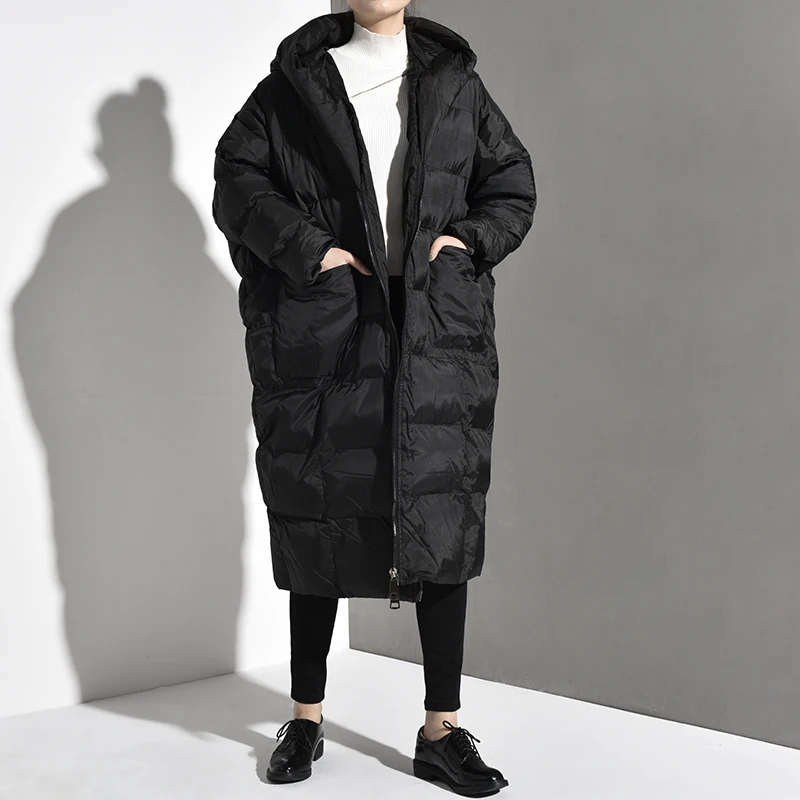 [EAM] новая осенне-зимняя черная Толстая куртка с капюшоном и длинным рукавом большого размера, длинная теплая куртка с хлопковой подкладкой, женская модная парка JD1210