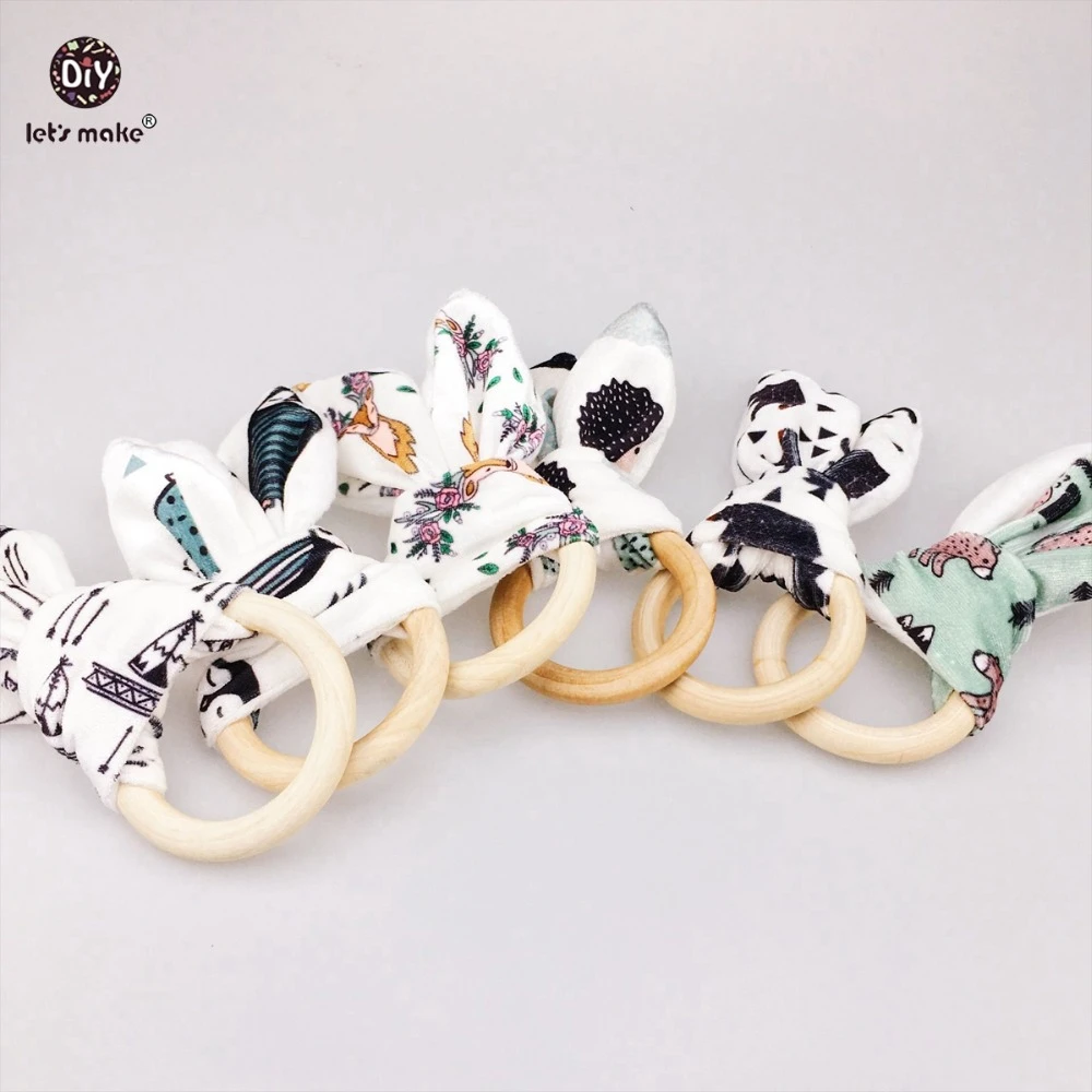 NEW Lets Make Baby Wooden Teething Ring with Muslin Bunny Ears 5 colours *