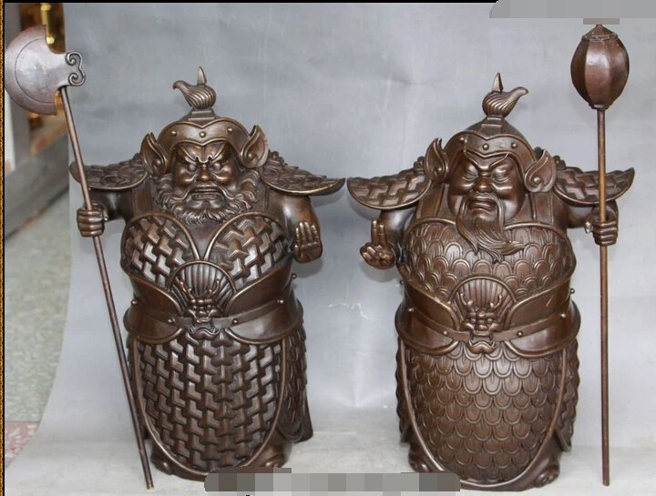 

xd 003377 Chinese 100% Pure Bronze Men Door God Guards Temple Gate General Statue Pair