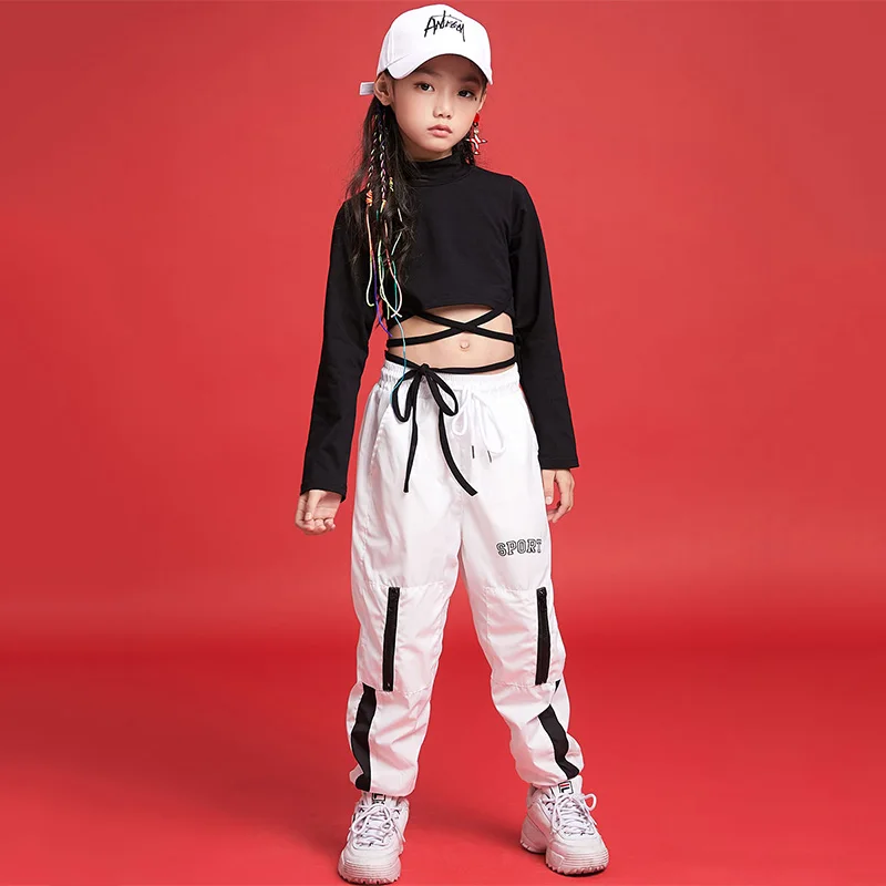 Hip Hop Dance Costumes Kids Black Straps Long Sleeve Top White