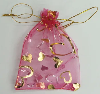 

ALYMMO Wholesale 100pcs/lot 15x20cm Heart Gold Bronzing Organza Bags Fushia Jewelry Bags And Packaging Small Drawstring Pouches