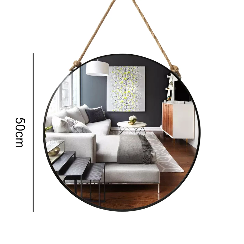 Espejo colgante de pared de Metal Retro con cuerda de cáñamo Espejos decorativos para baño maquillaje creativo espejos de hierro de afeitar grandes 50 cm