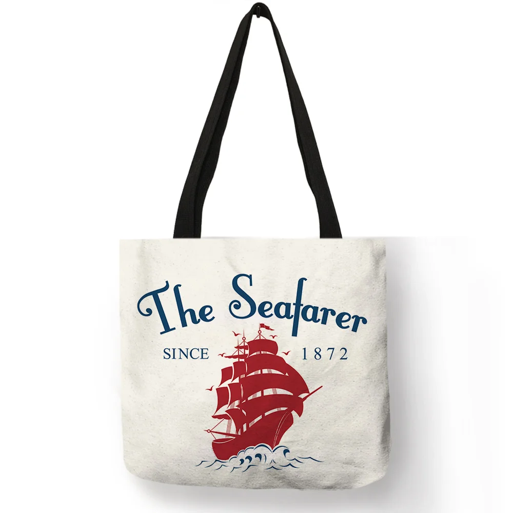 

Seafarer Theme Casual Ladies Girls Handbag for Shopping Grocery Use Seabird Sail Boat Cactus Pattern Tote Bag Outdoor Sack Bolsa