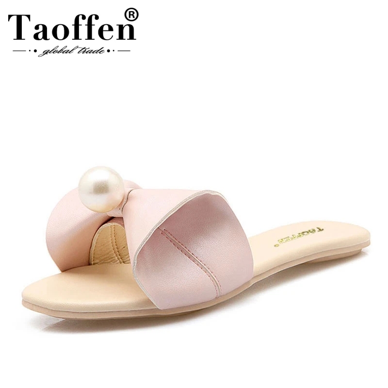 

TAOFFEN Women Flats Sandals Fashion Slippers Peep Toe Sandal Bowtie Pearl Daily Shoe Women's Flat Leisure Footwear Size 32-40
