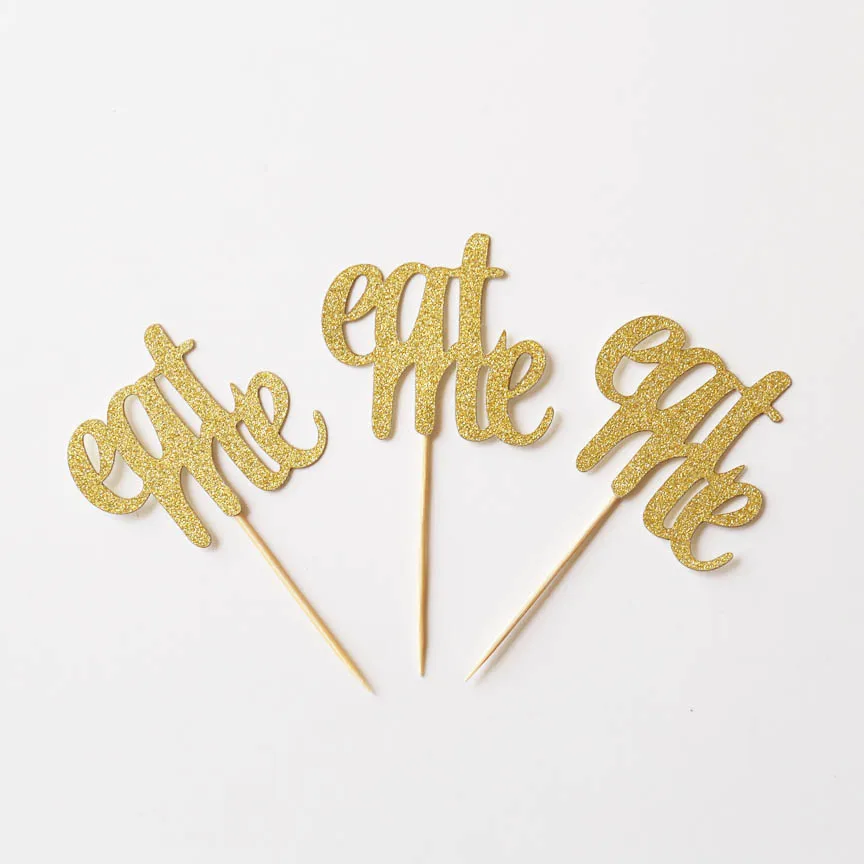 

Eat me cupcake toppers, Alice in wonderland Toppers,glitter gold party decor, food picks, wedding decor