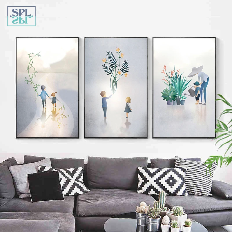 

Nordic Green Plants Canvas Print Painting Happy Family Watercolor Wall Art Picture Nursery Baby Decor Cartoon Gardener Posters