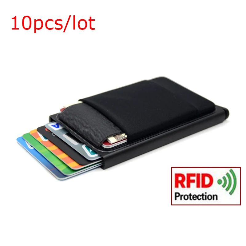 

10pcs/lot Aluminum Wallet With Elasticity Back Pouch ID Credit Card Holder RFID Mini Slim Wallet Automatic Pop up Bank Card Case