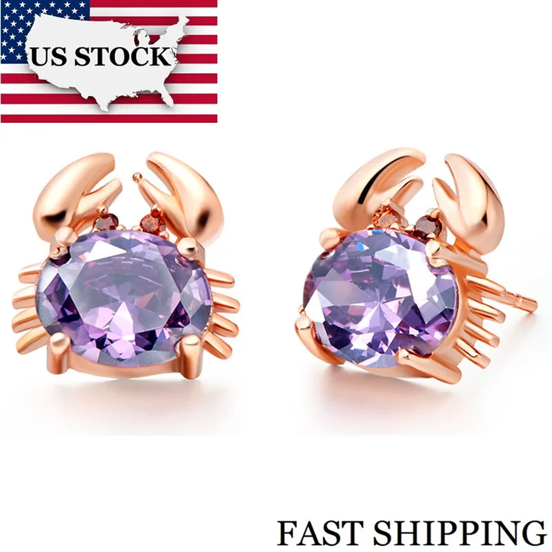 В американском стиле, имеется на Стад серьги с камнями фиолетовый цвета розового золота Цвет Краб серьги-гвоздики для женщин женские серьги ювелирные украшения Uloveido 20% R695