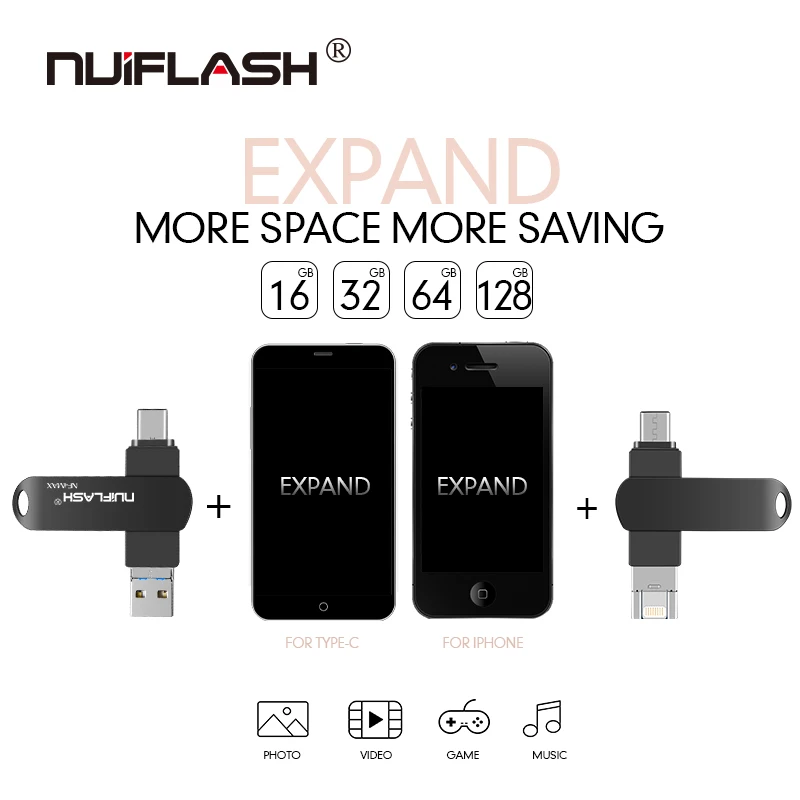 Nuiflash металлический флэш-накопитель USB 128 Гб Тип C флеш-накопитель 32 Гб 64 ГБ Usb 2,0 флэш-накопитель для iPhone X/8 Plus/8 Plus/7 Plus USB флеш-накопитель
