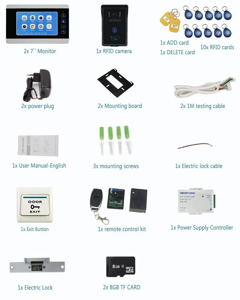 JERUAN 7 дюймов Видео Домофонные дверной звонок голос/видео Запись разблокировки внутренней Системы комплект с 2 мониторами