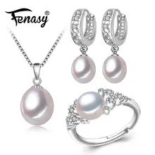 FENASY, геометрические Ювелирные наборы с жемчугом, серьги с натуральным жемчугом, 925 пробы, серебряное ожерелье с подвеской для женщин, модное милое кольцо