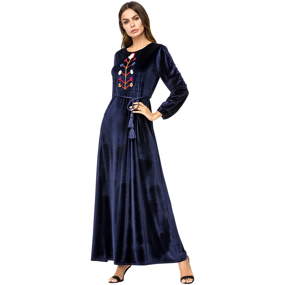 Automne Longue Ethnique Style Robes De Robe Brodé Femmes Bleu Simple 7239 Musulmane Cachemire BordWEQeCx