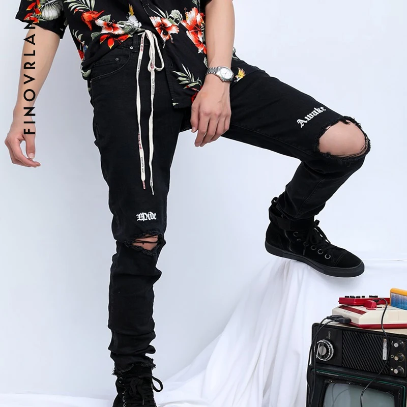 Goede 2018 Streetwear Black Ripped Jeans Mannen Met Gaten Denim Super Skinny hip hop Slim Fit Jean Broek Krassen Biker Jeans