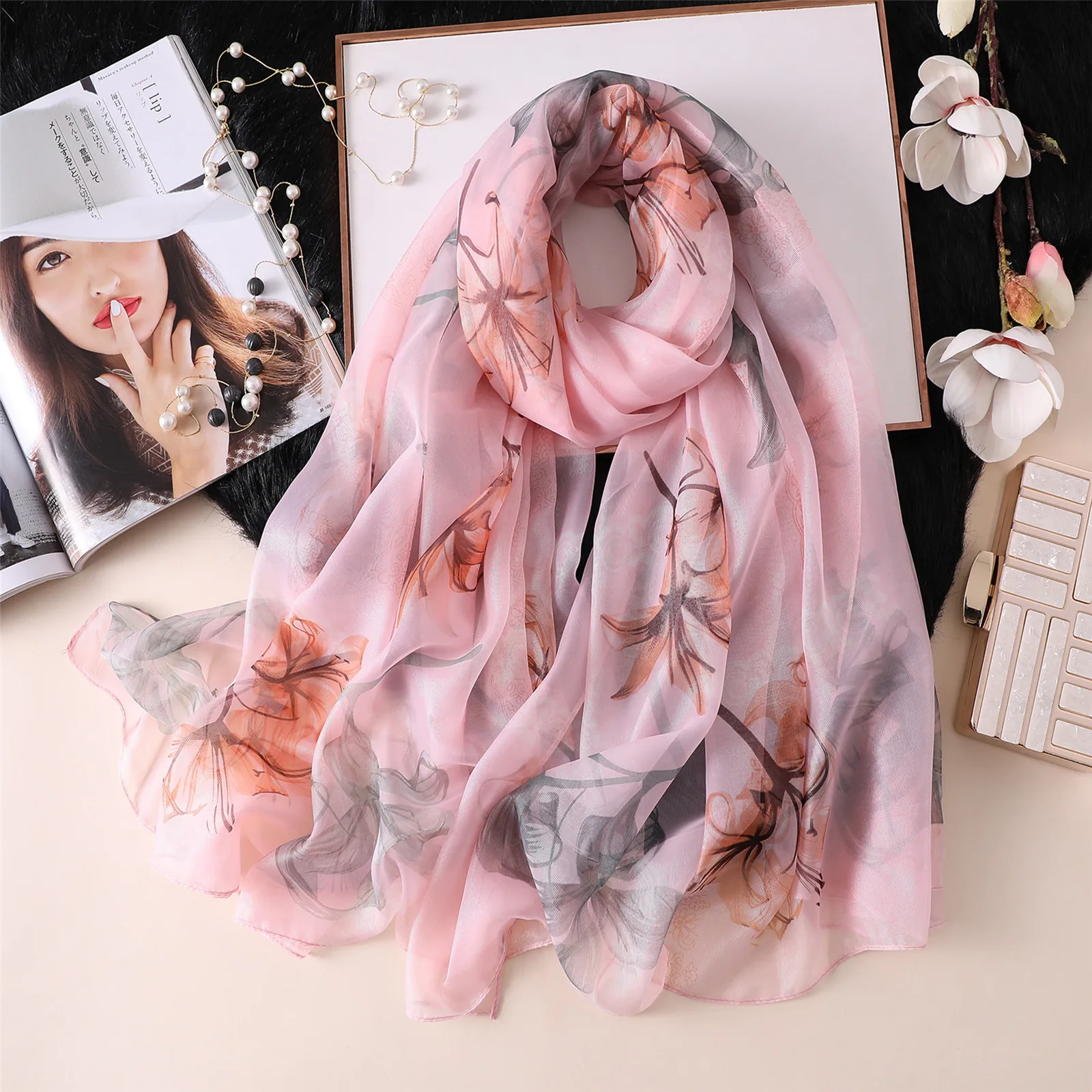 

2019 summer silk scarf for women big size pashmina floral print thin soft shawls and wraps bandana beach stoles foulard femme