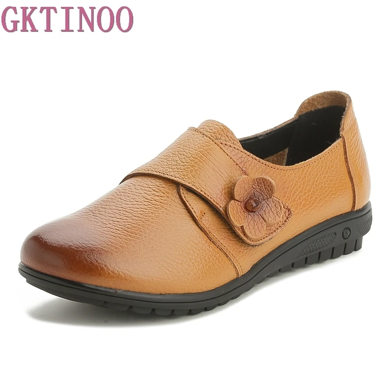 Beste GKTINOO Herfst Mode Bloem Ontwerp Ronde Neus Vrouw Platte Schoenen Vintage Lederen Vrouwen Flats Meisje Loafer Plus Size 35 43