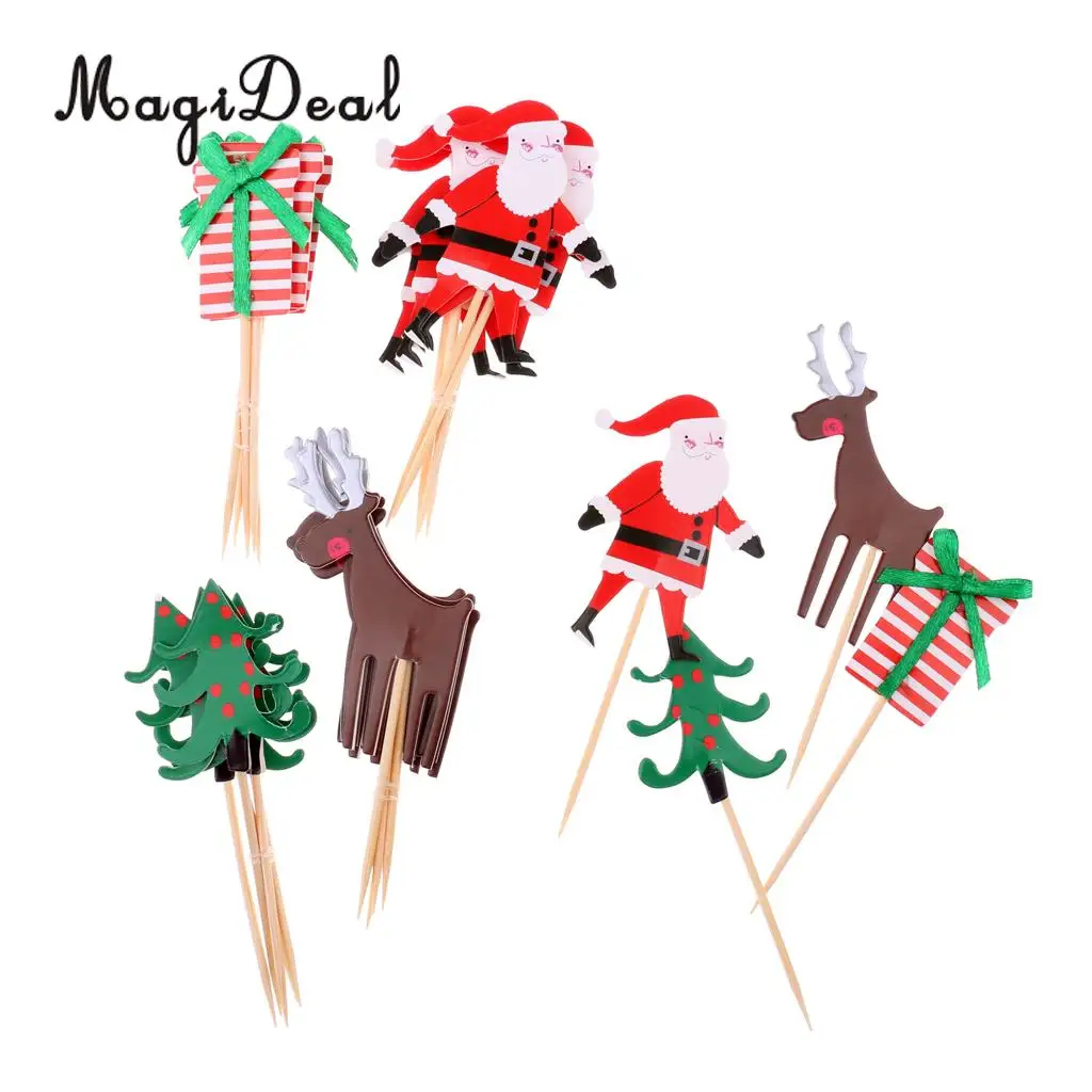 MagiDeal Pack of 24 Pieces Festival Cartoon Christmas Cupcake Picks Tree Santa Reindeer Box Cake Toppers Birthday Food Toothpick