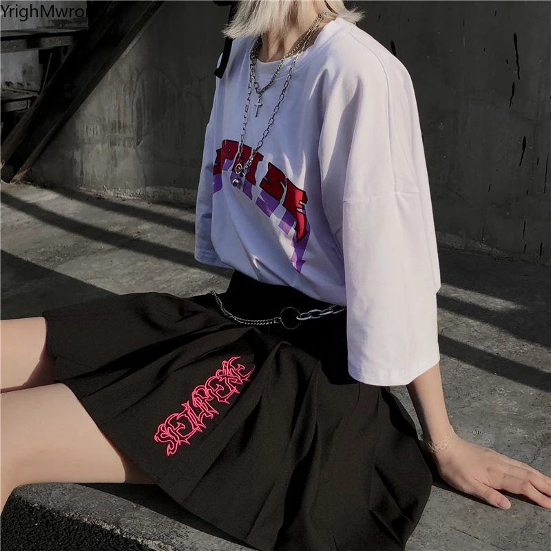 Тонкая элегантная высокая Талия Вышивка буквы Готический хип хоп Сексуальная Мини плиссированная летняя юбка униформа Корейская уличная Harajuku короткая