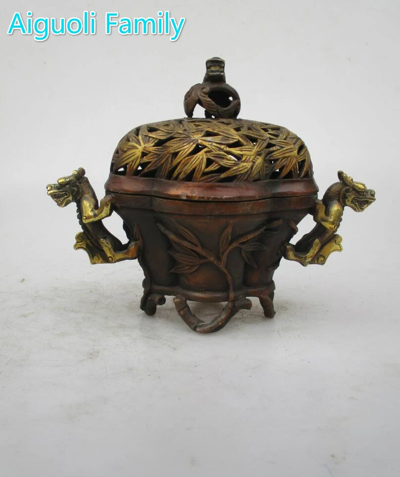 

Asian Antique Old Copper Gilt Style Hand Carved Bamboo Censer/Home Decoration Chinese Qing/Ming Dynasty Incense Burner
