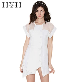 

HYH HAOYIHUI Mesh Patchwork Irregular Dress Solid White O-Neck Chiffon Fashion Dress Party Dresses For Wholesale