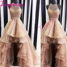 Высокий Низкий золото Выпускные платья Кристаллы майка, обшитая бисером пухлый официальный пляжные особые случаи вечерние платья вечерние Роскошные платья