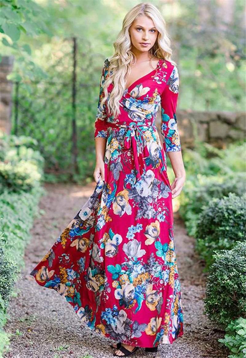 Лето Осень женское длинное платье с цветочным принтом сексуальный элегантный бодикон, повязка вечерние платья туника бохо платье макси-длины