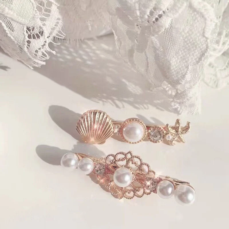 

MENGJIQIAO Korean New Elegant Pearl Hairgrips Shell Crystal Hairpins For Women Clips Barrettes Holiday Jewelry Hair Accessories