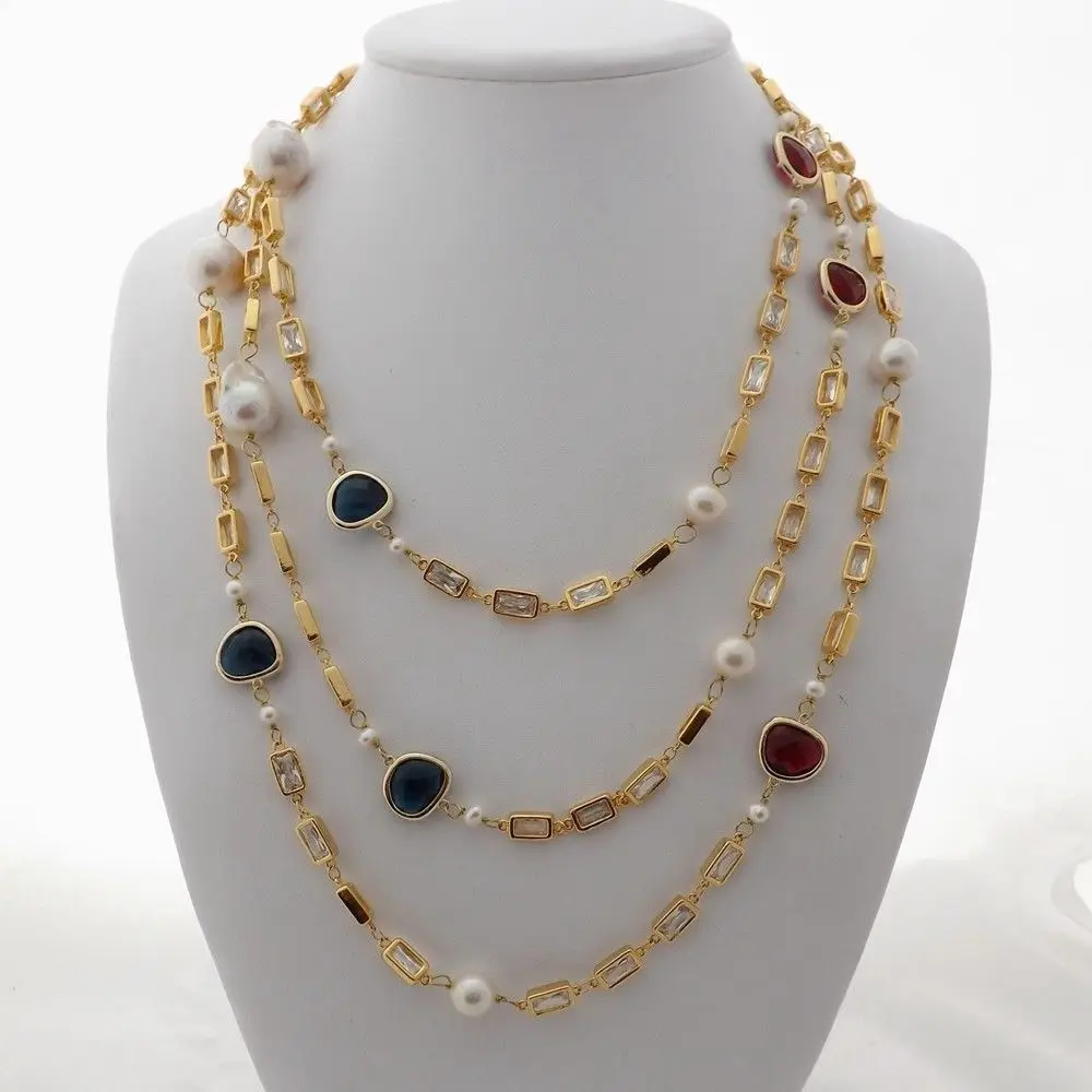 

M012601 70" White Keshi Pearl Crystal Chain Long Necklace